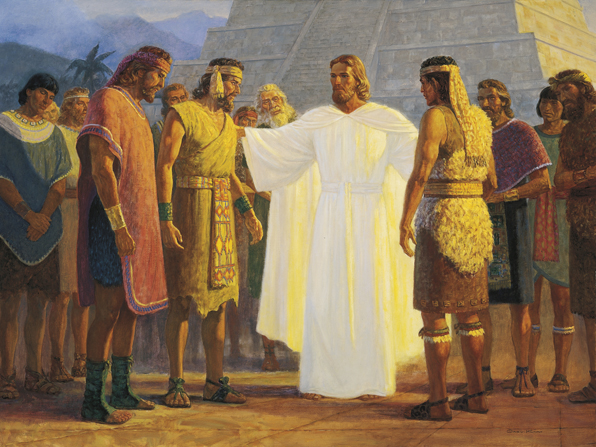 Christ in white robes, standing outside with His disciples in America, talking with three of them who stand near Him.