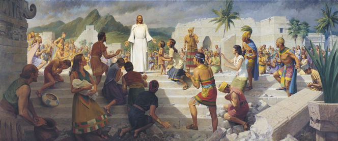 A panoramic view of Jesus Christ standing in white robes on a flight of steps while Book of Mormonâera people gather around to see.