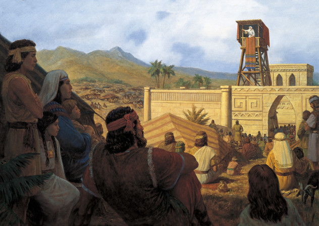 A painting by Gary L. Kapp depicting King Benjamin standing on a tower within a temple complex, speaking to the Nephites gathered around.