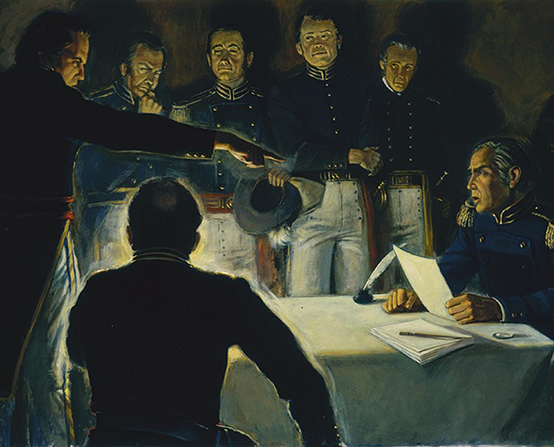 A painting by Robert T. Barrett showing Alexander Doniphan standing and pointing his finger at General Samuel D. Lucas, with several men in military uniforms gathered around.