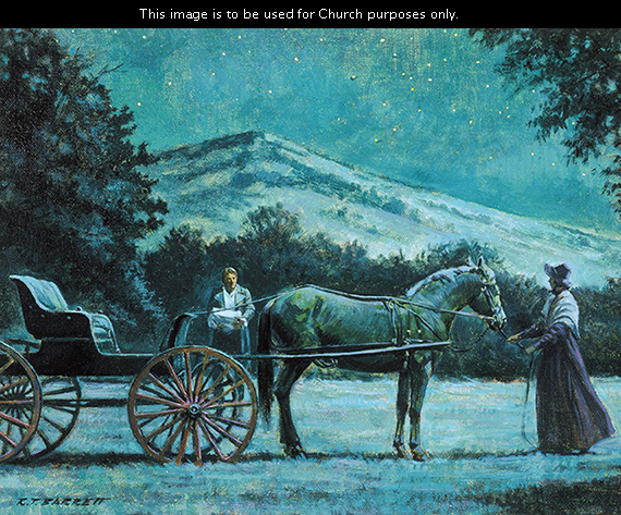 A painting by Robert T. Barrett depicting Emma Smith at night standing by a horse and buggy as Joseph Smith approaches with the gold plates wrapped in a blanket.