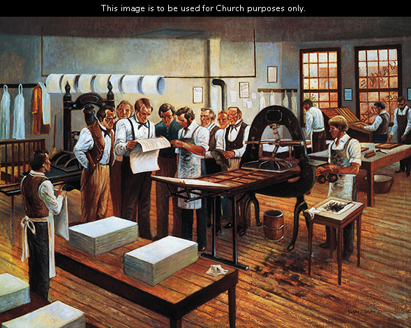A painting by Gary E. Smith of Joseph Smith and other men in the Grandin press building, looking at the first printed pages of the Book of Mormon.