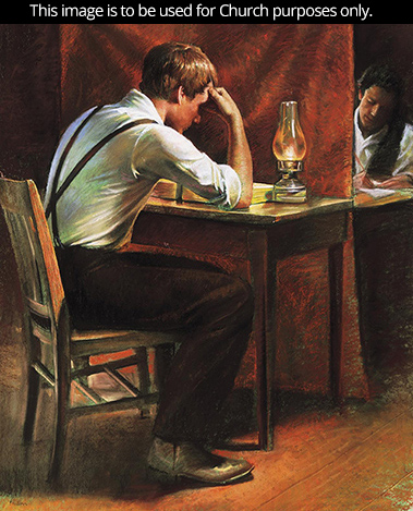 A painting by Del Parson depicting Joseph Smith sitting at a desk with his head resting on his elbow while he translates the gold plates to Oliver Cowdery on the other side of a curtain.