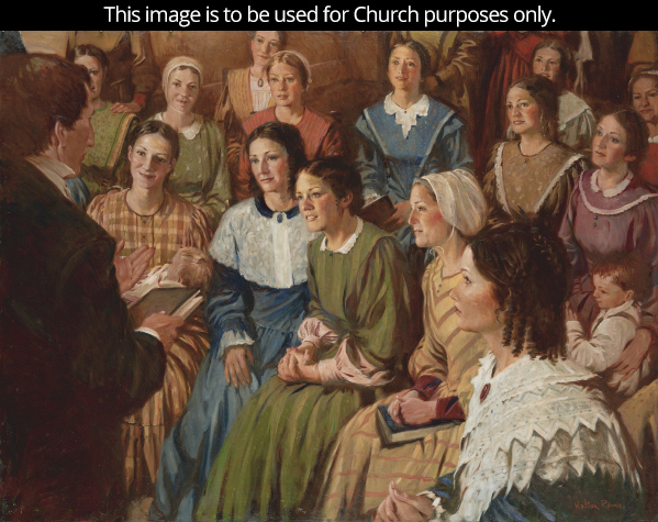 A painting by Walter Rane illustrating Joseph Smith standing and holding a book while speaking to a large group of women sitting on chairs.