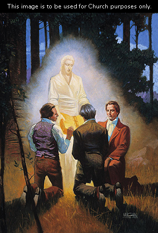 A painting by William L. Maughan showing Joseph Smith and two of the Three Witnesses kneeling in the forest while an angel stands before them holding the gold plates.