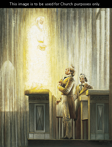 A depiction by Gary E. Smith of Elijah appearing and standing above Joseph Smith and Oliver Cowdery in the Kirtland Temple.