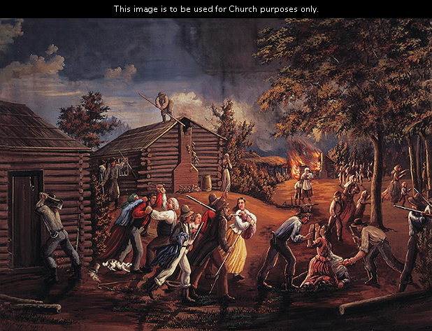 A painting by C. C. A. Christensen of a large mob with guns attacking the people of the first settlement in Jackson County, Missouri, with a cabin burning in the distance.