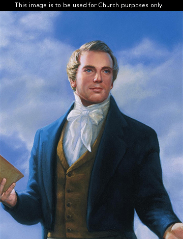 A painted portrait by David Lindsley of Joseph Smith standing and holding a Book of Mormon in one hand, with clouds in the sky.