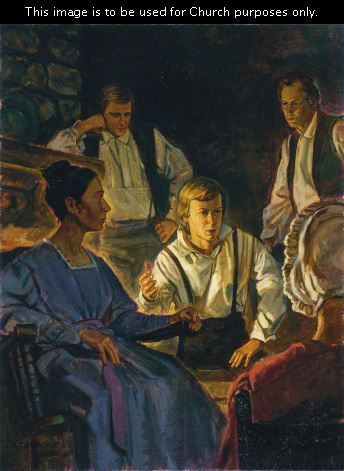 A painting by Robert T. Barrett depicting Joseph Smith sitting by a fireplace surrounded by his family as he recounts his experience on Hill Cumorah.