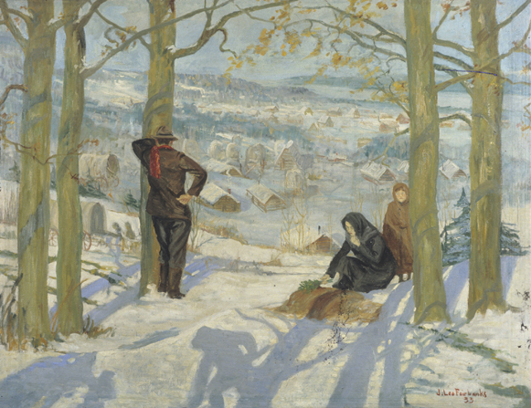 A painting by Jonathan Leo Fairbanks illustrating a man standing by a tree and looking down at Winter Quarters while a woman places green leaves on a grave, with a child standing close by.