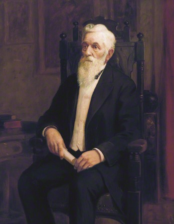 A portrait by Lewis A. Ramsey of President Lorenzo Snow in a black suit, sitting in a wooden chair and holding a rolled-up piece of paper.