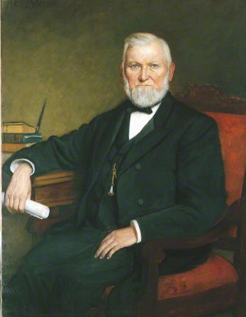A painting by H. E. Peterson of President Wilford Woodruff in a black suit sitting in a red armchair and resting one arm on a table.