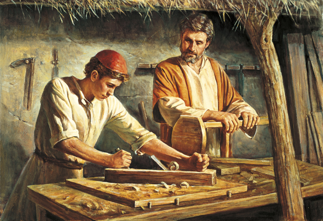 Young Jesus standing next to Joseph in the carpenter’s shop, working with tools on the wood while Joseph supervises.