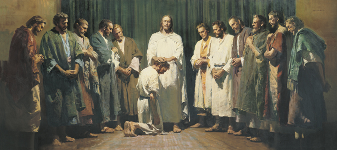 A panoramic scale painting of Christ in white robes, laying His hands on the head of one of His Apostles while the other eleven stand on either side.