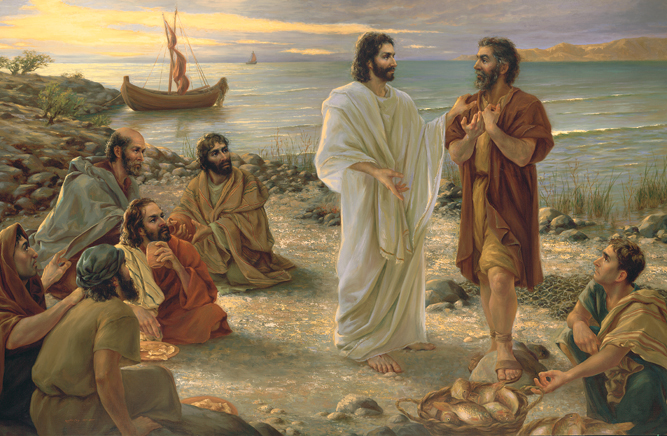 A painting by Kamille Corry of Christ surrounded by His Apostles, talking with Peter and pointing down to a basket of fish.