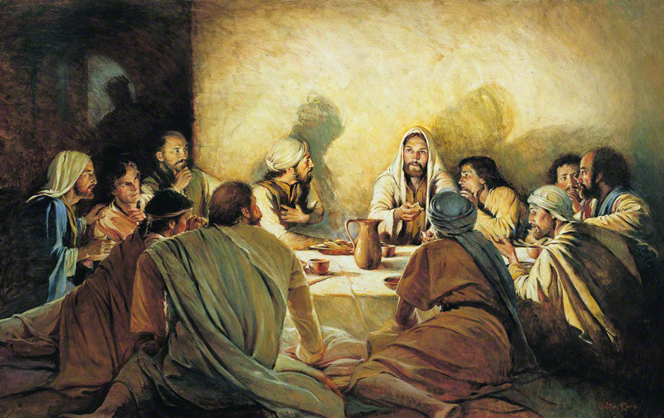 A painting by Walter Rane showing Christ and His Apostles sitting around a table, partaking of the Last Supper by candlelight.