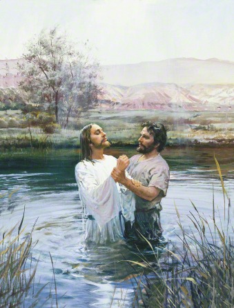 John the Baptist holding onto the wrist of Jesus Christ, whom he has just immersed in the waters of the River Jordan that surround them.