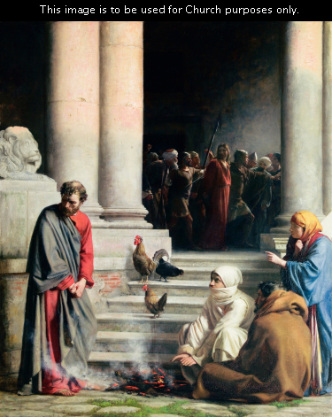 A painting by Carl Bloch of Peter with his head bowed in shame while others look at him accusingly and Christ stands in captivity in the background.