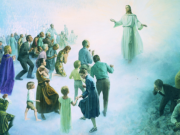 A painting by John Scott showing Christ standing in judgment while people in clothing from all time periods stand around Him.