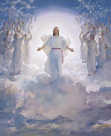 Jesus Christ in white robes and a red sash, standing on a cloud in the air, surrounded by thousands of angels blowing trumpets; Mormon art