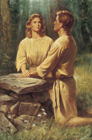 A painting by Del Parson showing Adam and Eve kneeling next to an altar of stone in the midst of some green trees.