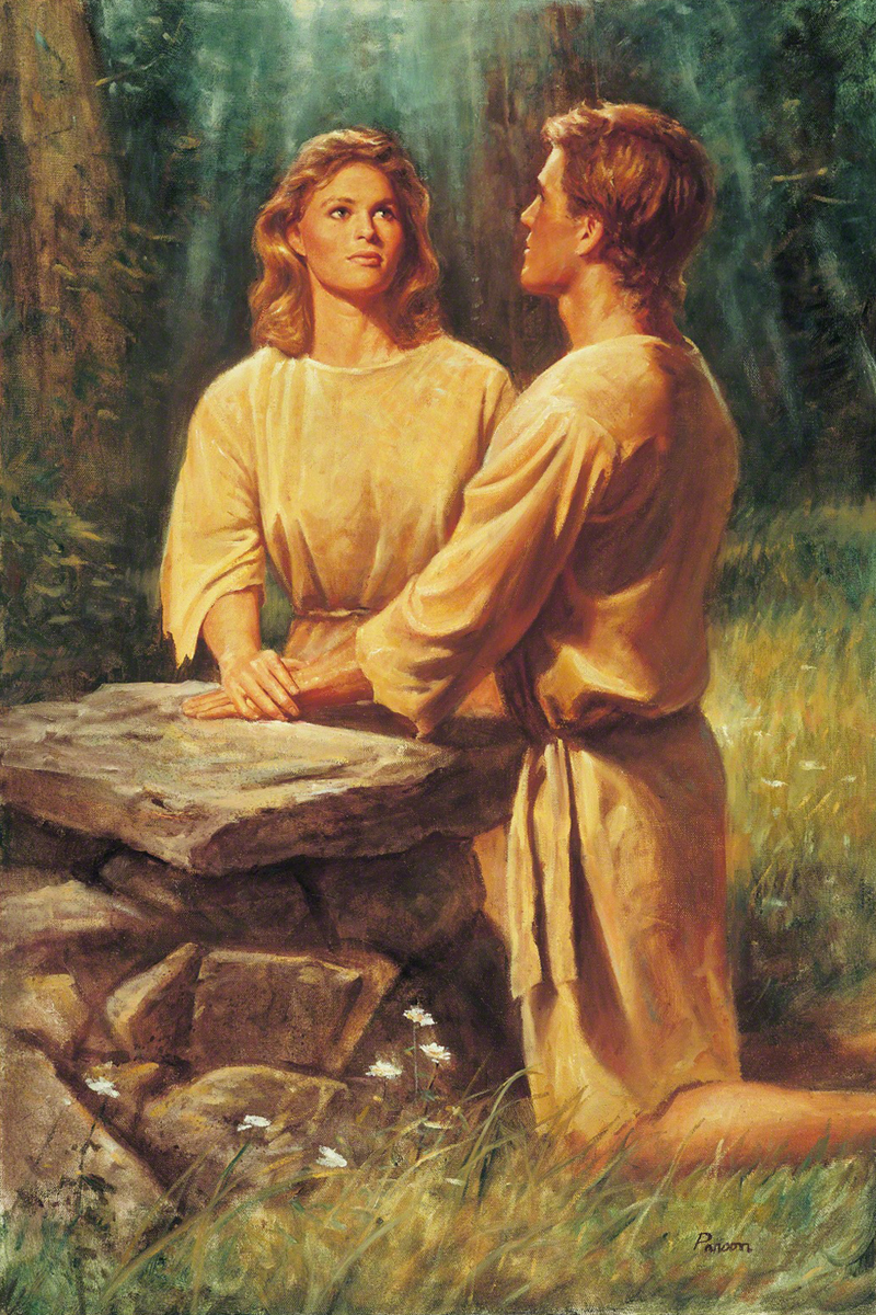 Gospel Art Picture: "Adam and Eve Kneeling at an Altar" .