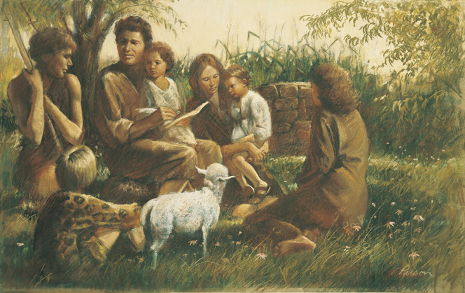 A painting by Del Parson showing Adam and Eve sitting on the ground, talking and reading to five of their children, who surround them.