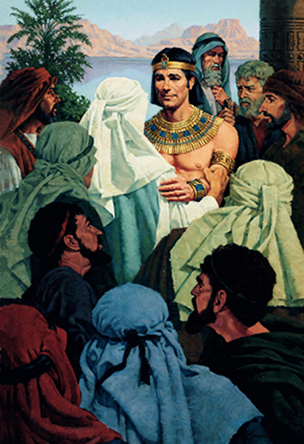 A painting by Ted Henninger showing Joseph of Egypt surrounded by his brothers, smiling and showing forgiveness toward them.