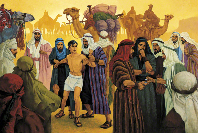 A painting by Ted Henninger of Joseph of Egypt being restrained by two of his brothers while being sold into slavery.
