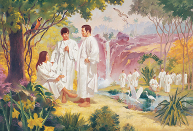 A painting by Jerry Harston depicting spirits interacting in the pre-earth life in an outdoor setting with a waterfall, birds, and trees.