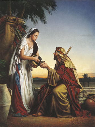 A painting by Michael Deas of Rebekah standing near a well and pouring water from a vessel for Abraham’s servant.
