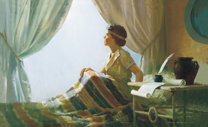 A painting by Harry Anderson showing Samuel as a boy sitting up in bed and looking out the window where a bright light is shining.