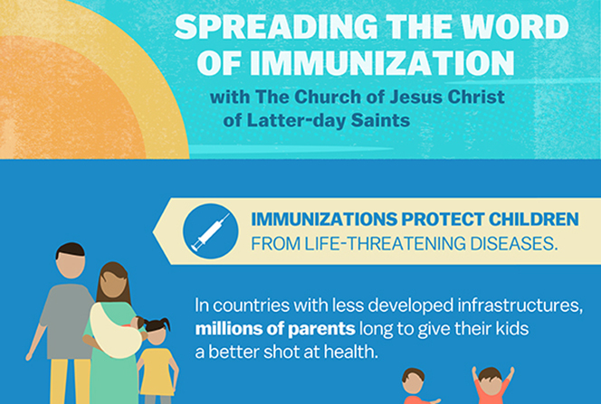 A blue and teal infographic that describes the importance of vaccinations and the Church’s efforts to provide immunizations such as measles vaccinations globally.