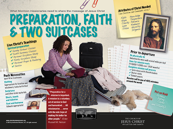 An infographic describing LDS missionaries’ purpose and preparation, showing a sister missionary packing and her dog lying next to her suitcase.