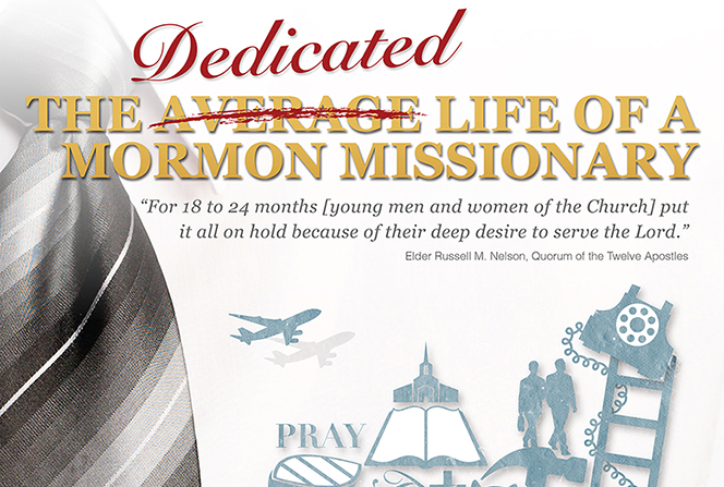 An infographic describing the lifestyle and expectations of a Mormon missionary, with an image of a missionary’s tie and tag as the focal point.