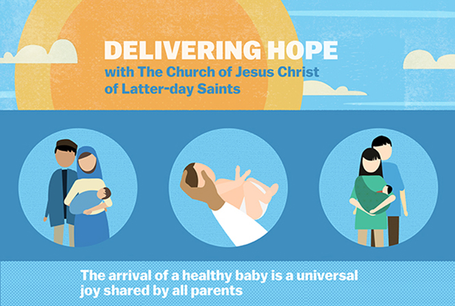 An infographic describing The Church of Jesus Christ of Latter-day Saints’ neonatal resuscitation training, provided around the world.