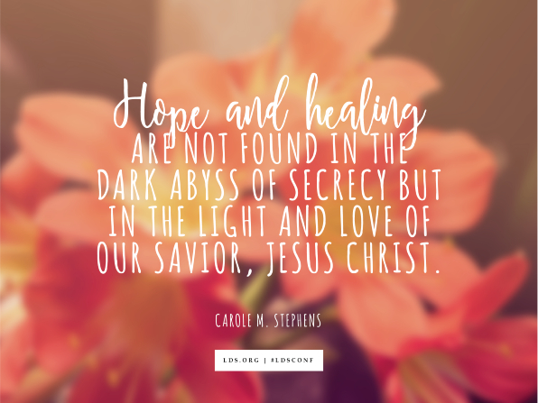An image of vivid pink flowers overlaid with a quote by Sister Carole M. Stephens: “Hope and Healing are not found in the dark abyss of secrecy but in the light and love of our Savior, Jesus Christ.”