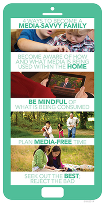 A graphic of a smartphone combined with images of people using media and tips to becoming a media-savvy family.