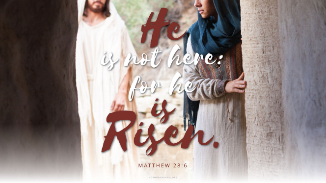 Mary Magdalene encountering the resurrected Christ, with a quote from Matthew 28:6: â€œHe is not here: for he is risen.â€