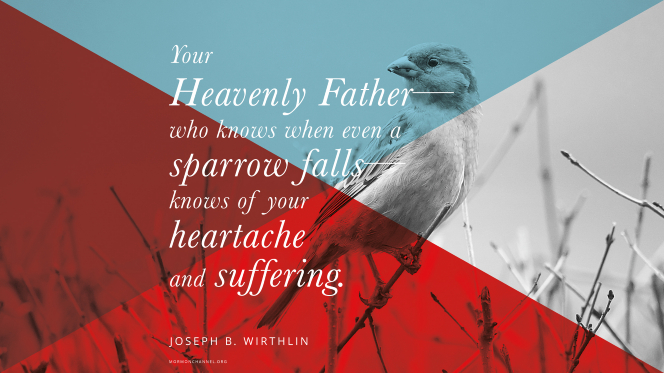 An image of a small bird on a branch, overlaid with bright colors, with a quote by Elder Joseph B. Wirthlin: â€œYour Heavenly Fatherâ€”who knows when even a sparrow fallsâ€”knows of your heartache and suffering.â€