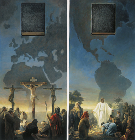 A diptych depicting Christ’s Crucifixion and Christ visiting the New World, with the emblems of the Bible and Book of Mormon at the top.