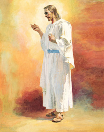 A full standing portrait of Christ in white robes, seen from the side, gesturing to the left in front of a wash of orange and yellow colors.