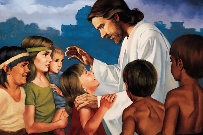 Jesus Christ in white robes, interacting with a group of six children in the Americas after His Resurrection.