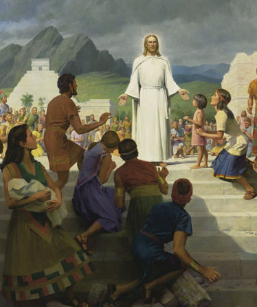 Jesus Christ stands in white robes on a flight of outdoor steps while Book of Mormon–era people gather around to look at the wounds in His hands; Mormon art