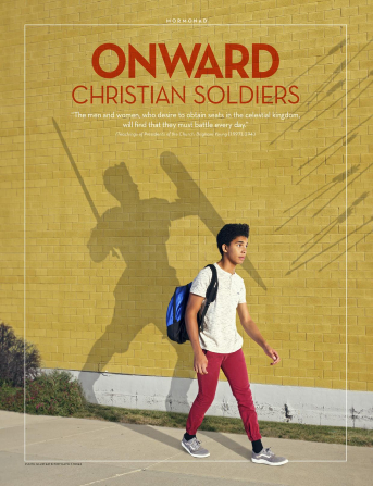 A boy walks along a sidewalk, wearing a blue backpack. The shadow he casts on the wall depicts him armed for battle, fending off a storm of arrows.