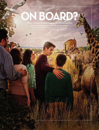 A picture of a family lined up behind a line of animals entering the ark, with the focus being an older brother putting his hand on his younger brother's back.