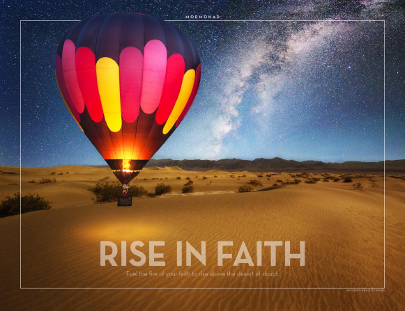 An illuminated hot air balloon rising over a sandy desert.