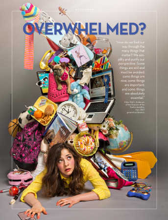 A young woman with an anxious expression lies pinned under a precarious heap of objects representing work, hobbies, service, education, and faith.