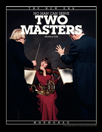 A photograph of a young woman holding two musical instruments and looking at two conductors, paired with the words “No Man Can Serve Two Masters."