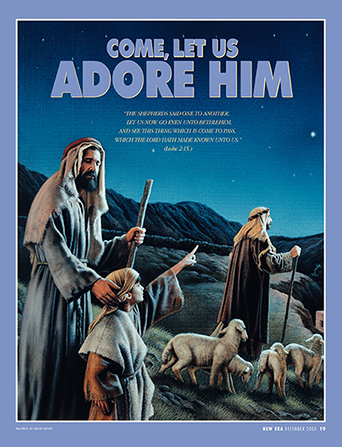 A painting of three shepherds looking toward the night sky, paired with the words “Come, Let Us Adore Him.”